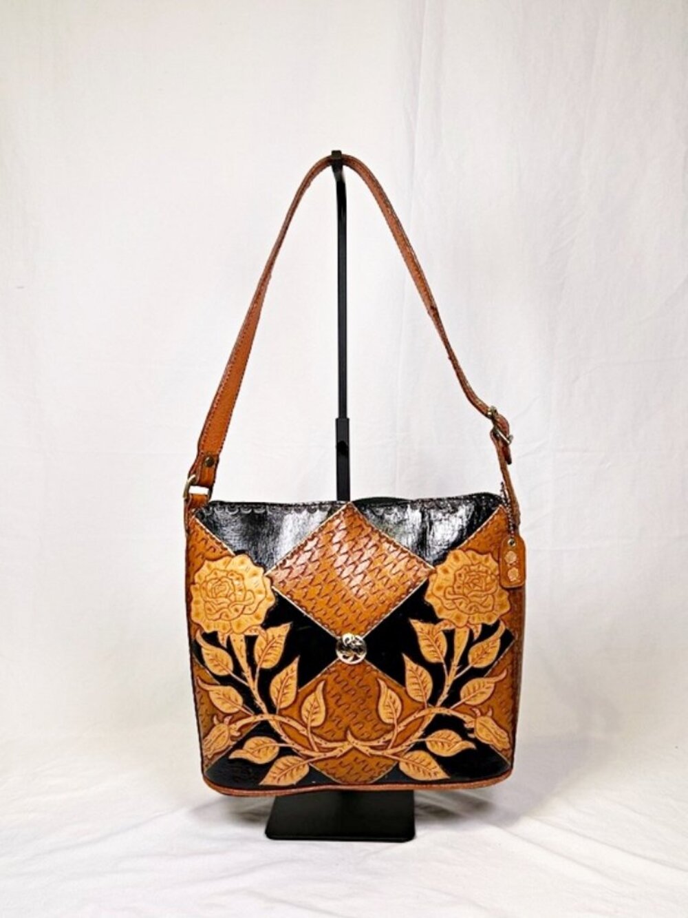 Vintage Brown Black Floral Hand Tooled Leather Western Shoulder Bag